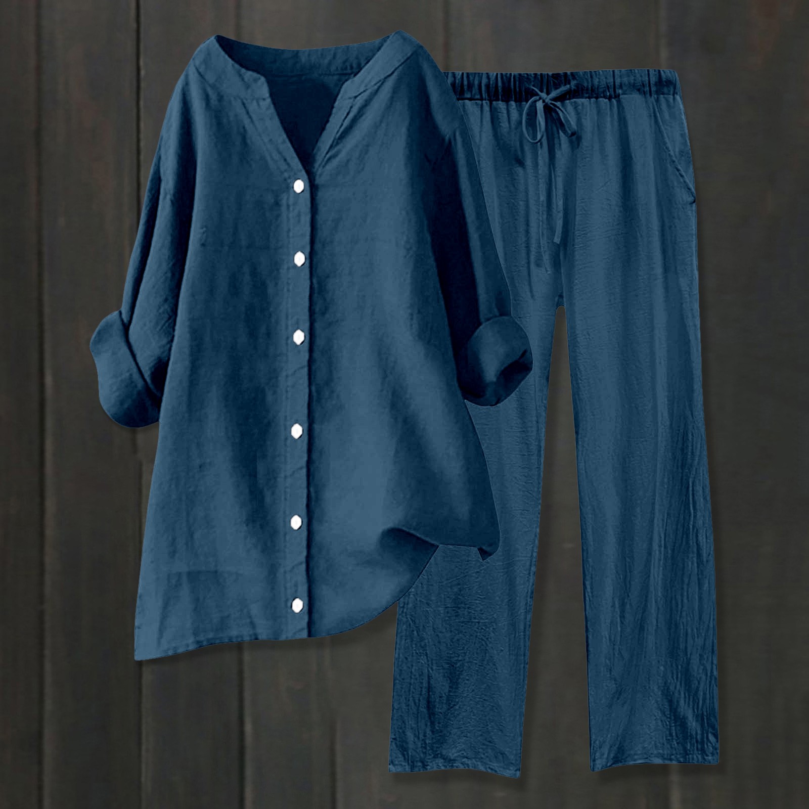 thumbnail image 2 of Conjuntos de 2 piezas para mujer: blusa de pierna ancha y pantalones elásticos. Camisa informal con cuello en V y bolsillos. Ropa urbana para todas las estaciones., 2 of 4